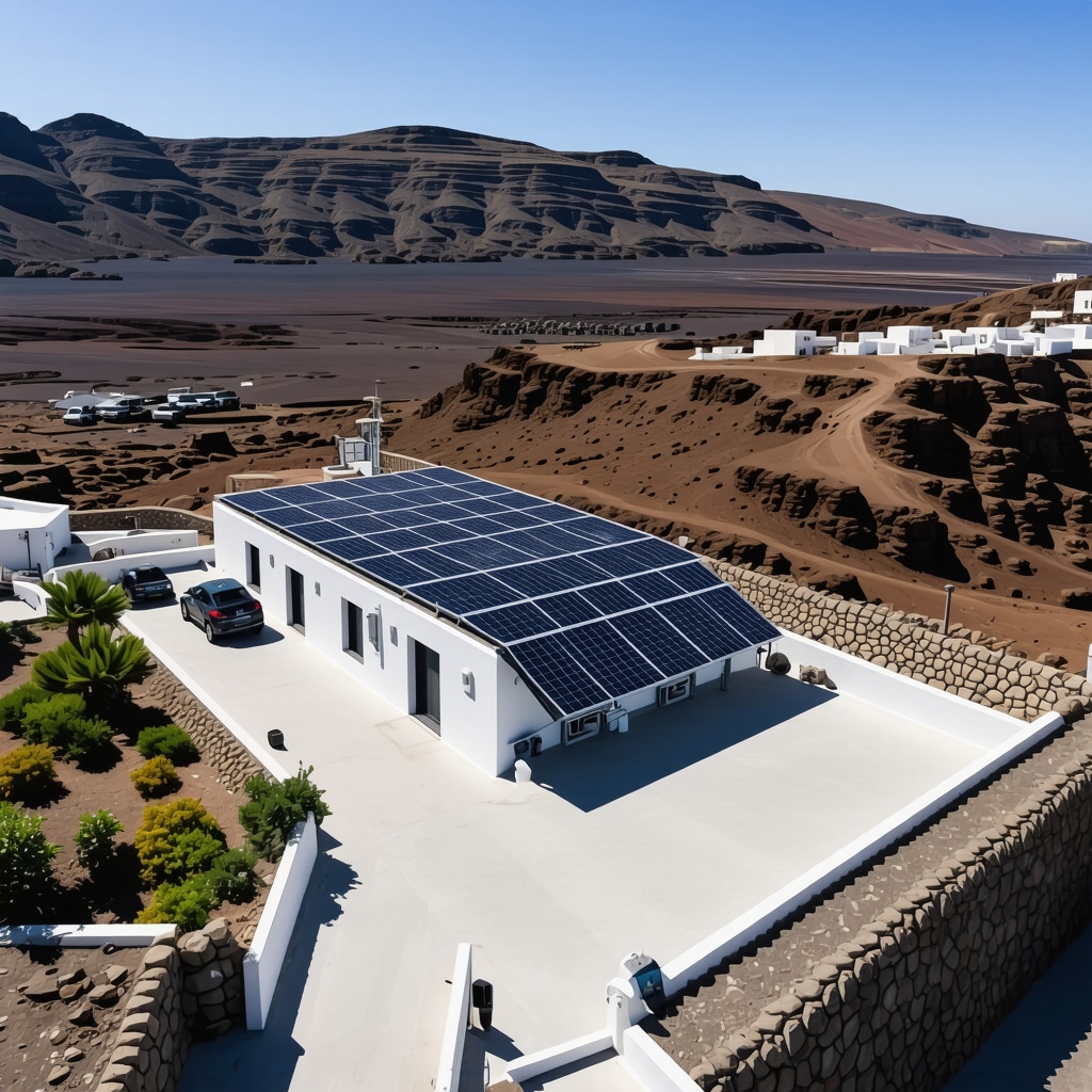 Aerial view of Santorini showing solar panels and electric vehicles amid volcanic landscape