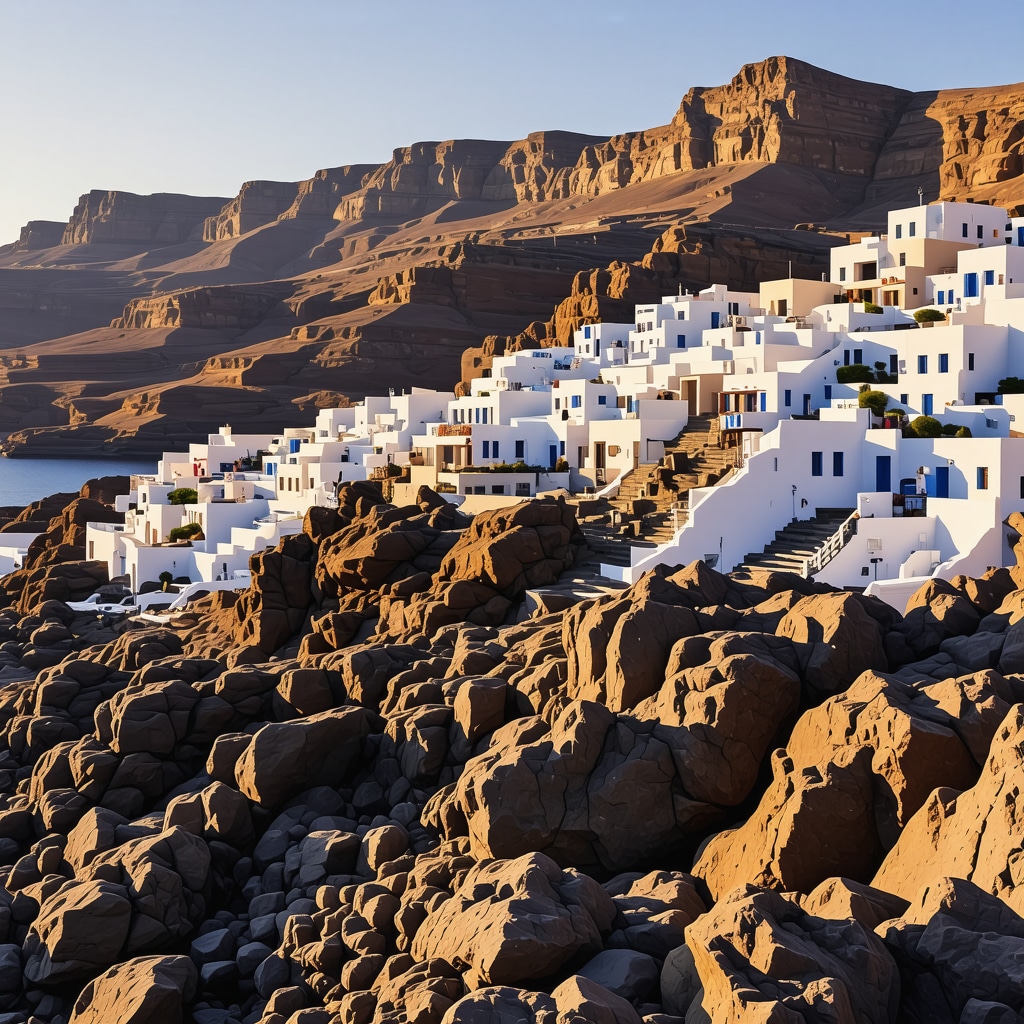 Santorini volcanic landscape featuring ancient ruins and traditional white and blue buildings during sunset