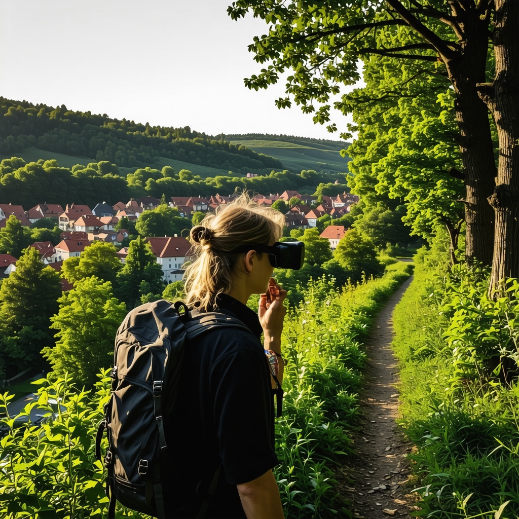 A hiker using augmented reality glasses on a trail surrounded by historic Saraybosna architecture and green nature at sunset