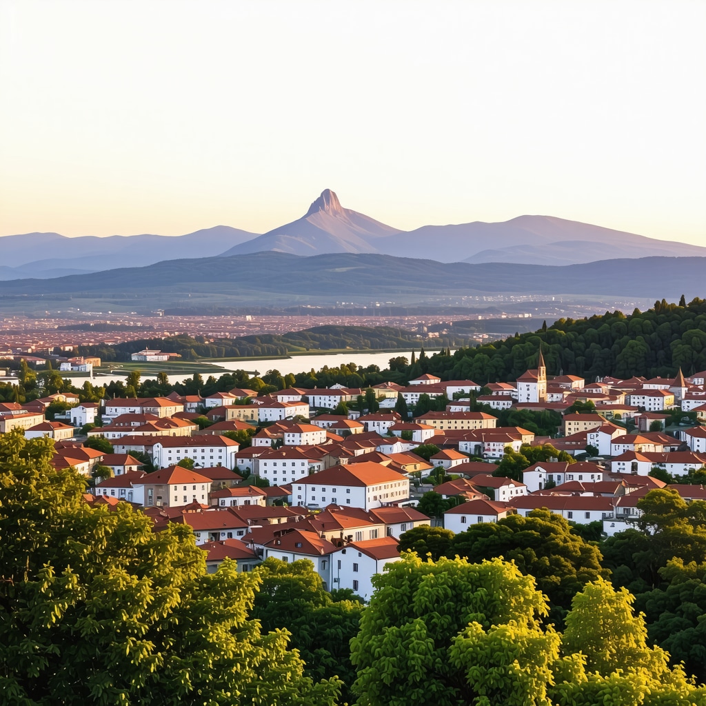 Panoramic sunset view of Brasov city and Tampa Mountain with historic buildings