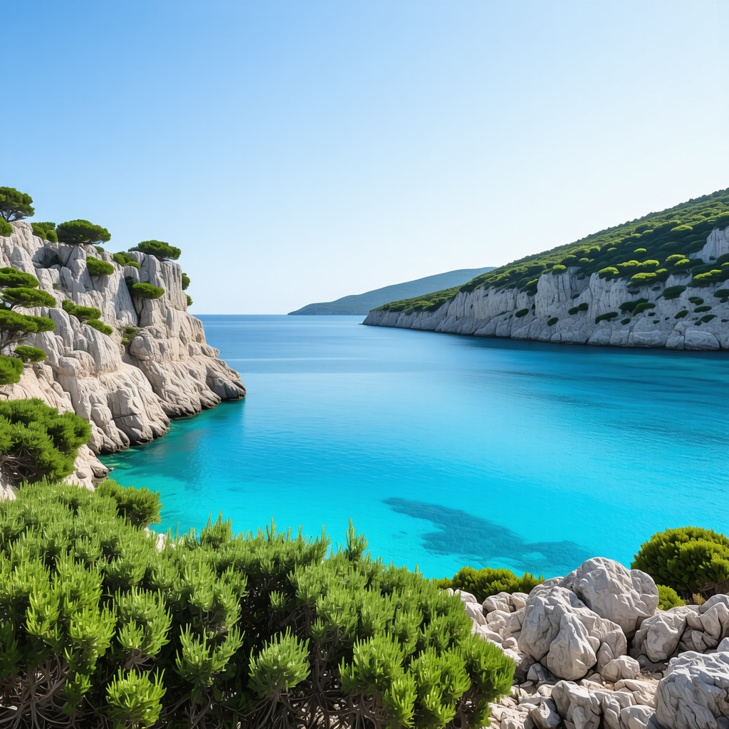 Turquoise water cove surrounded by green Mediterranean plants and cliffs in Korčula