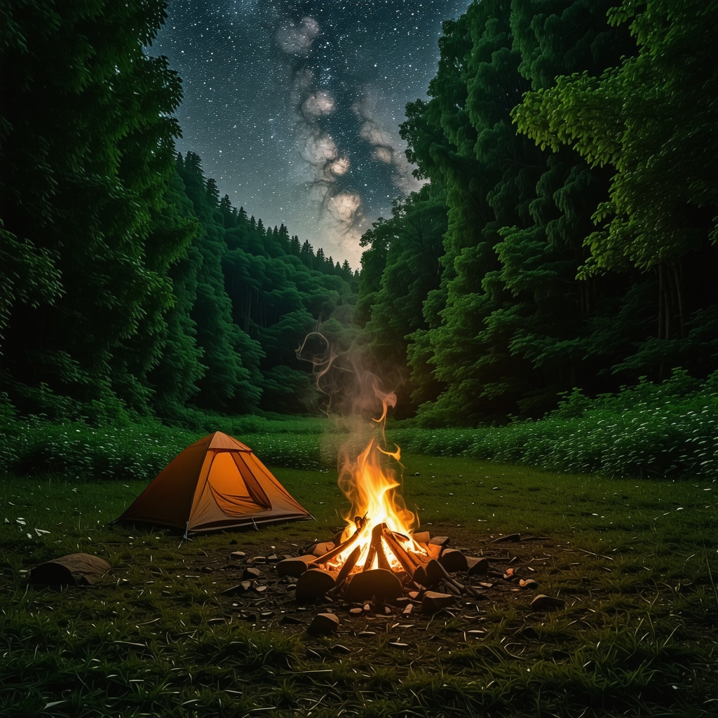 Campfire in Biogradska Forest under starry sky surrounded by green trees