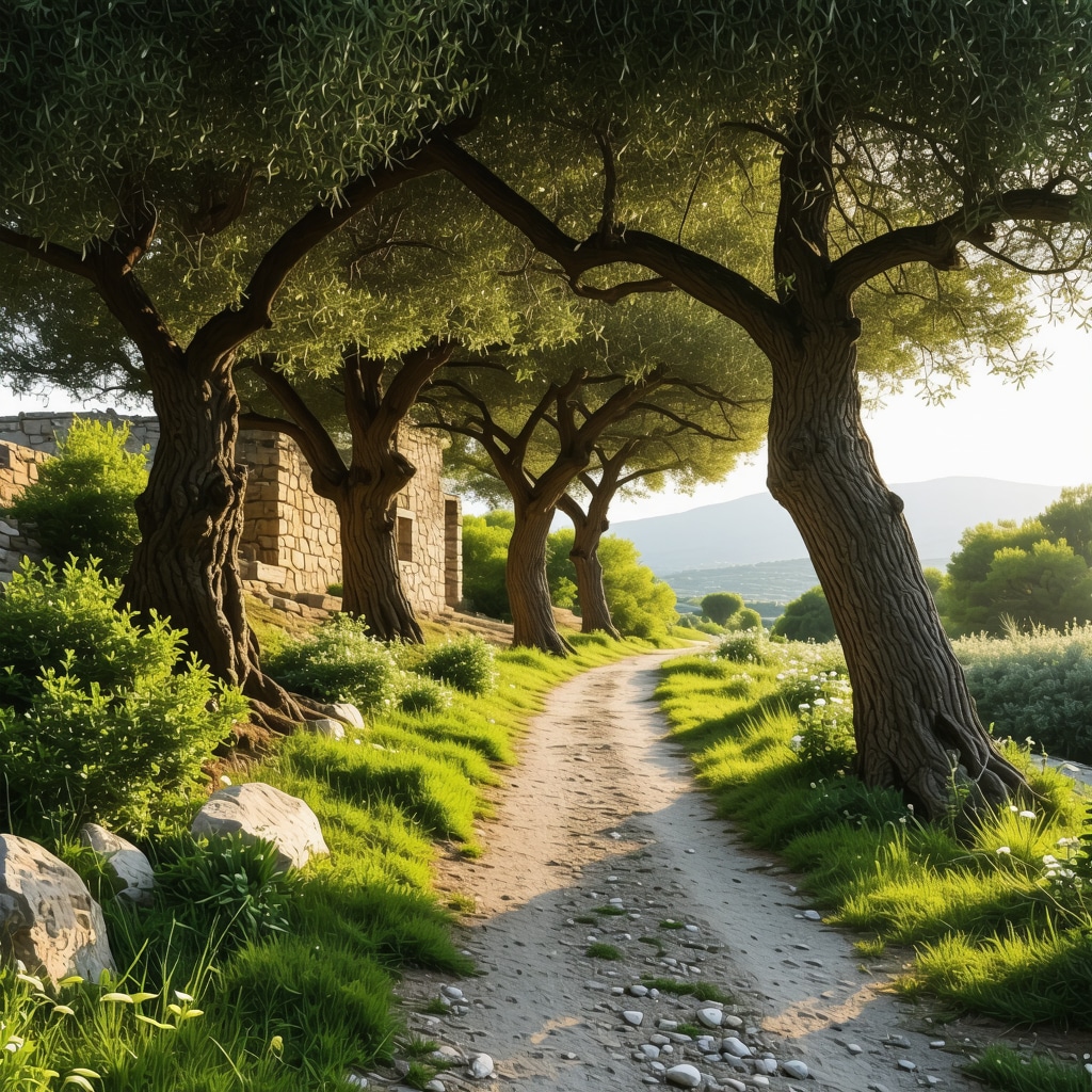 Hiking trail in Durres showing ancient ruins and olive trees in natural light