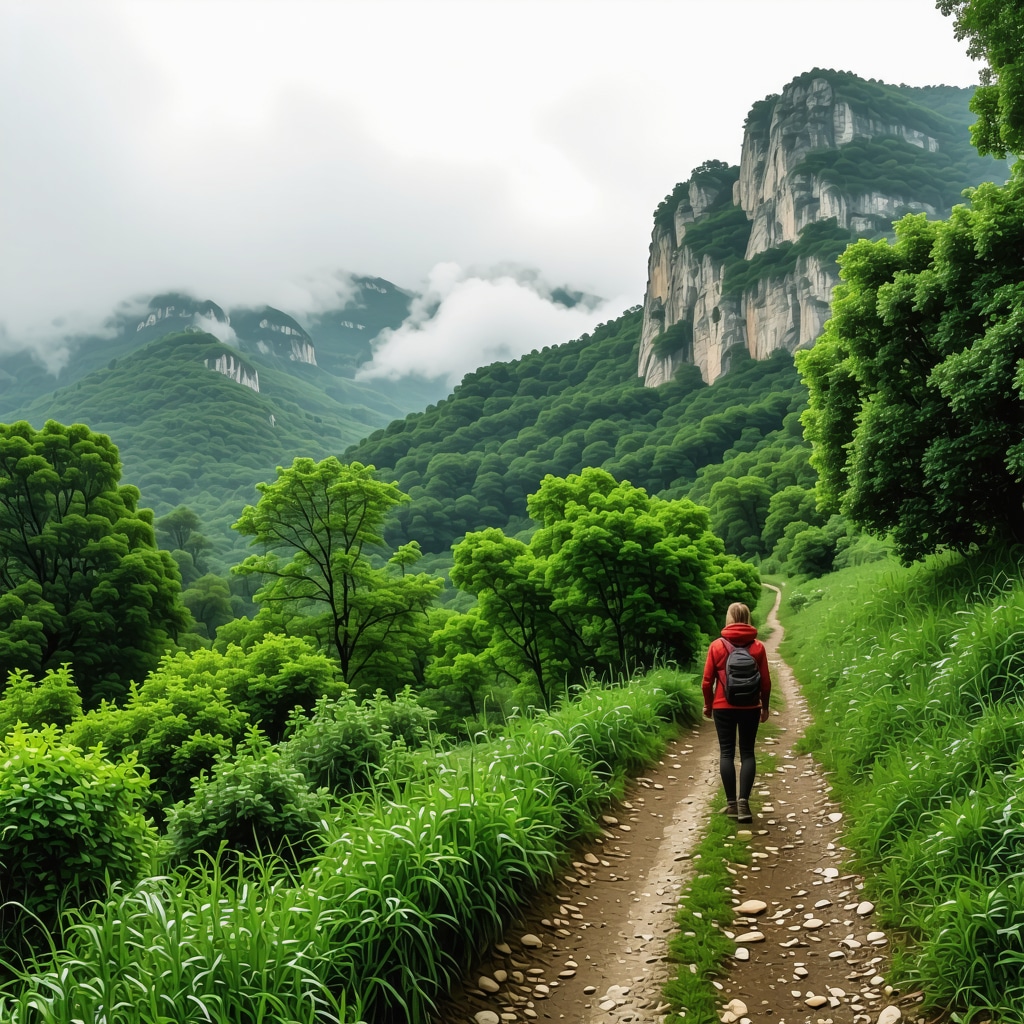 Panoramic early morning view of Vodno Mountain and Matka Canyon with a person meditating on a walking trail