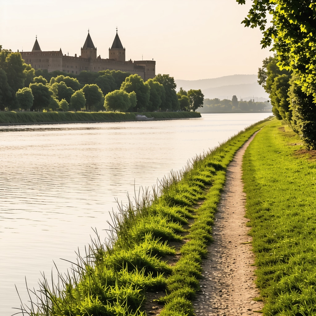Novi Sad riverside trail with historic Petrovaradin Fortress and lush nature in early morning light
