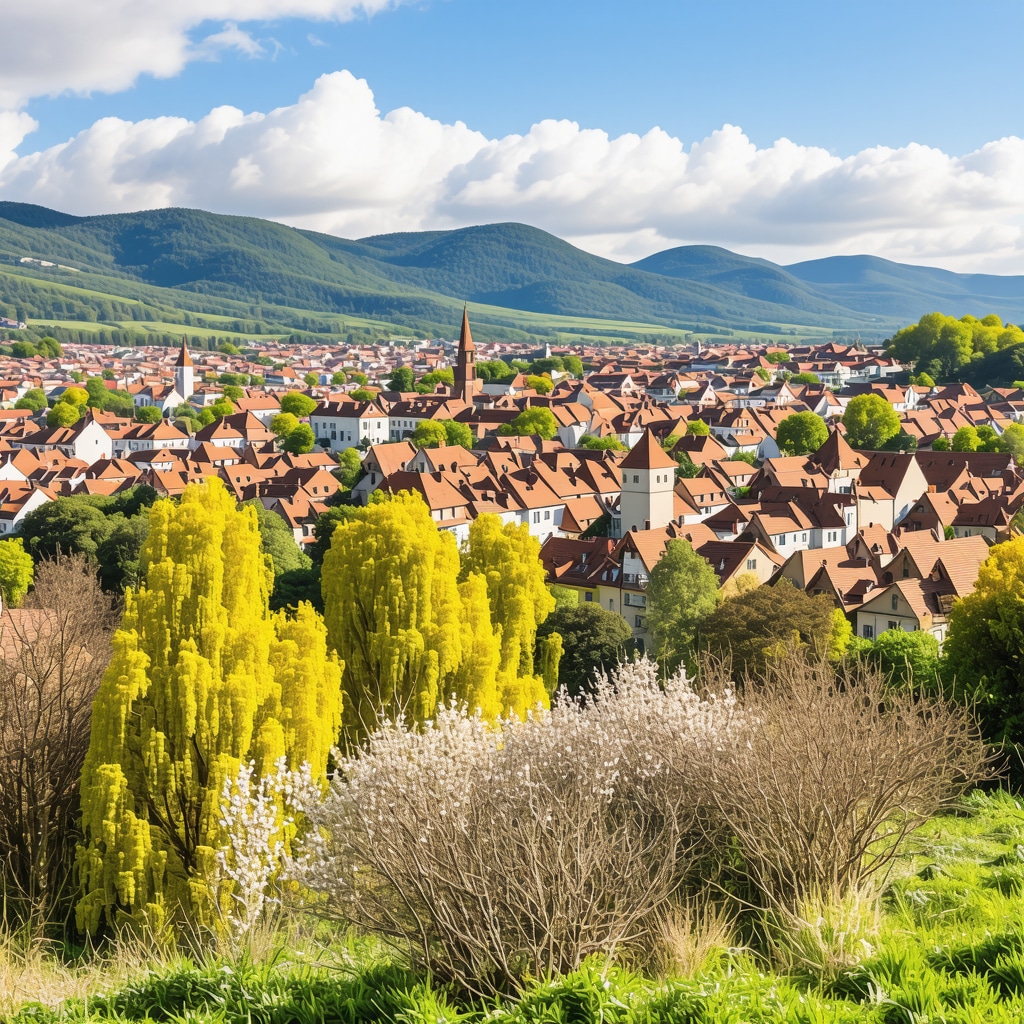 Panoramic spring view of Sibiu city showcasing medieval buildings and Transylvanian mountains with vibrant nature
