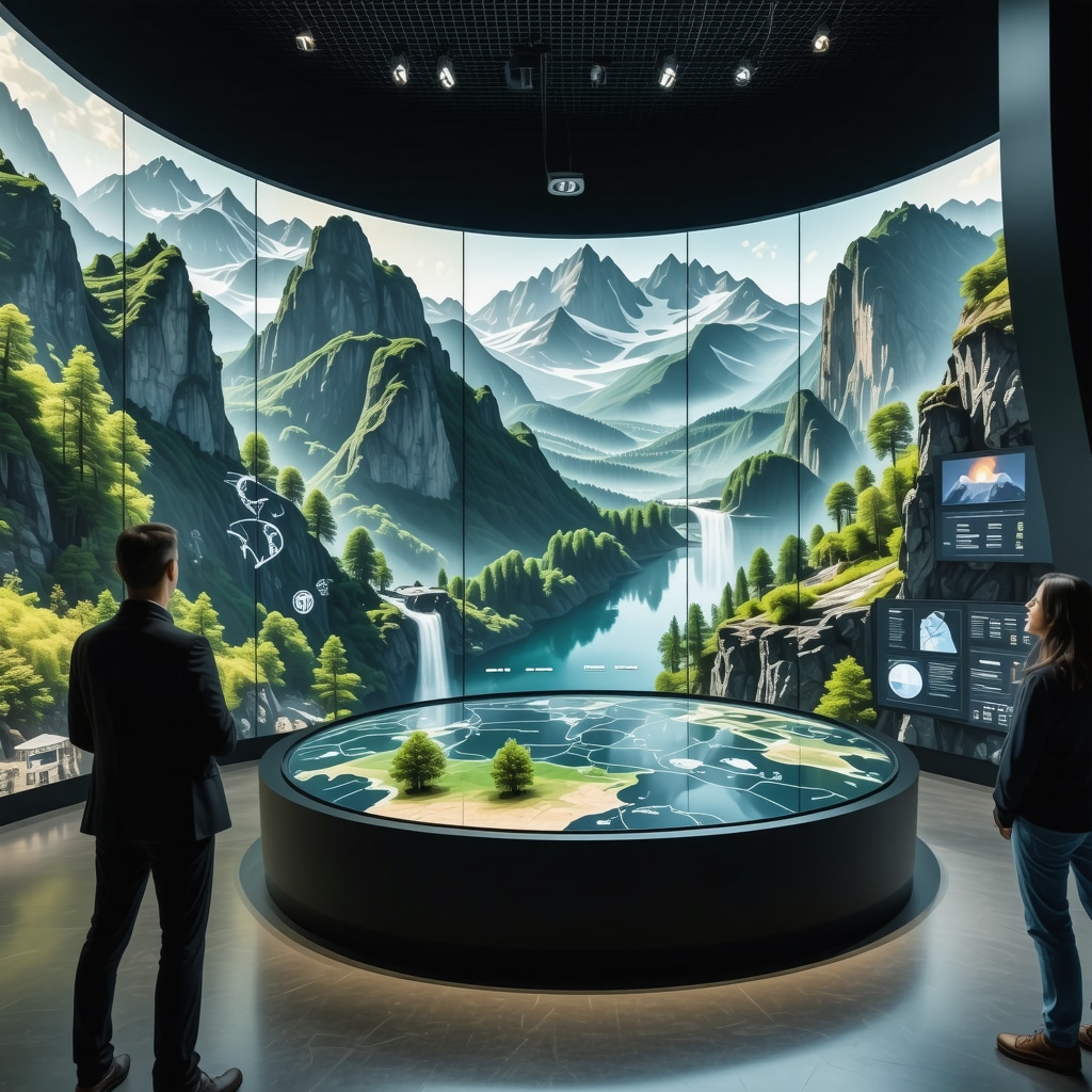 Digital smart tourism control center in Sibiu displaying real-time visitor analytics and AI route optimization blending nature and historical sites