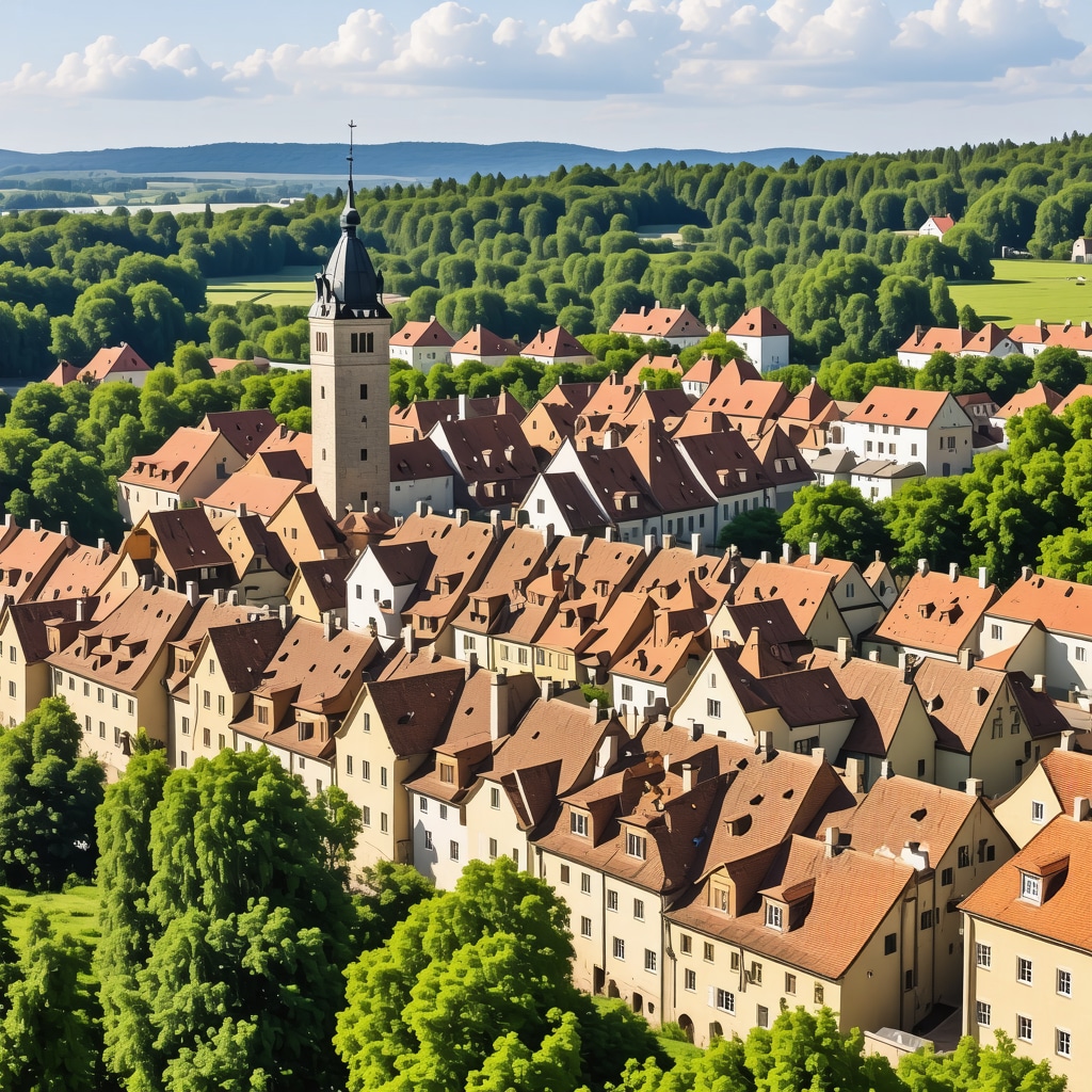 Panoramic view of Sibiu showing medieval buildings and nature integrated with digital and eco-friendly tourism features