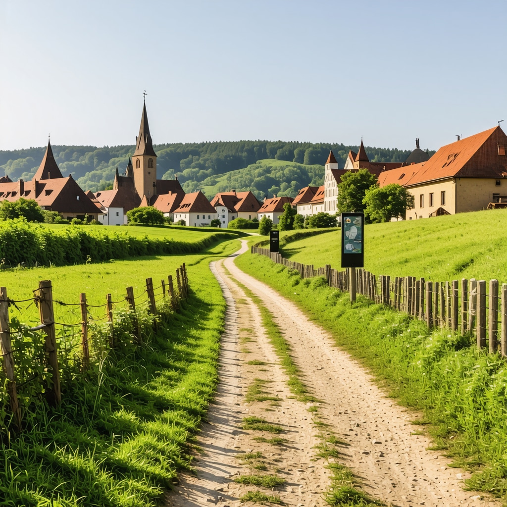 Scenic view of Sibiu showing medieval buildings integrated with green eco-friendly pathways and digital signage