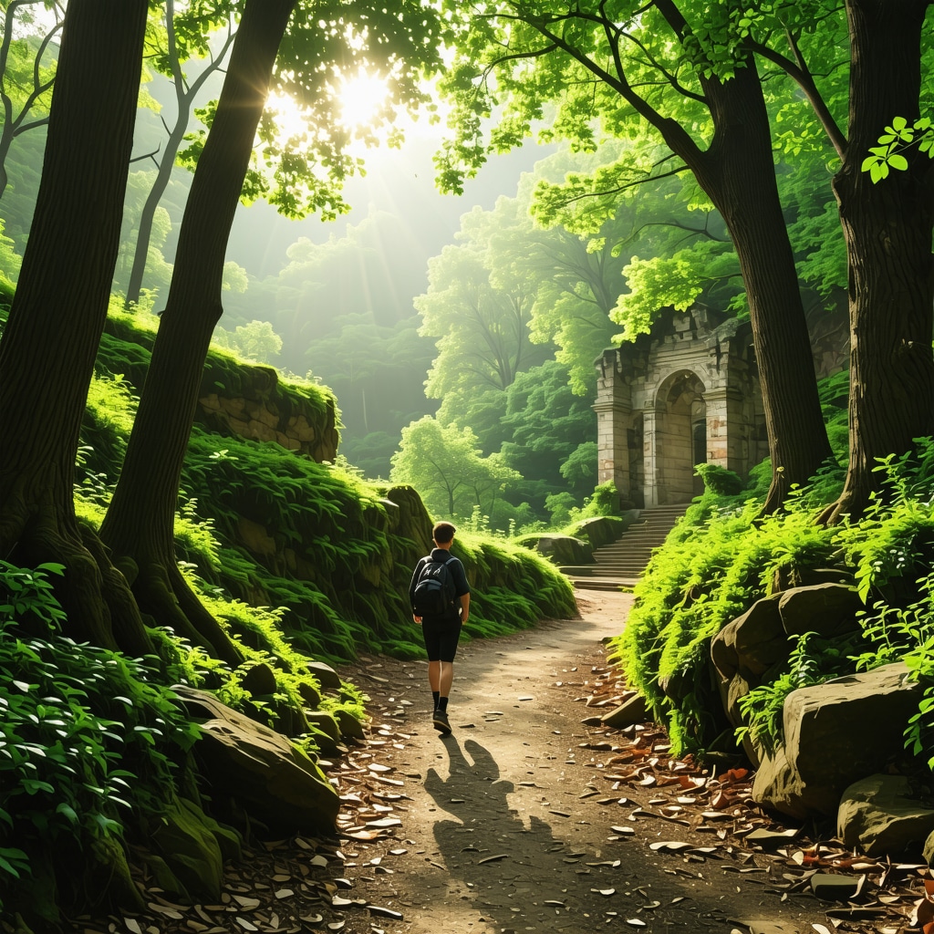 Hiker walking on a forest trail in Sighișoara with ancient ruins and sunlight filtering through trees