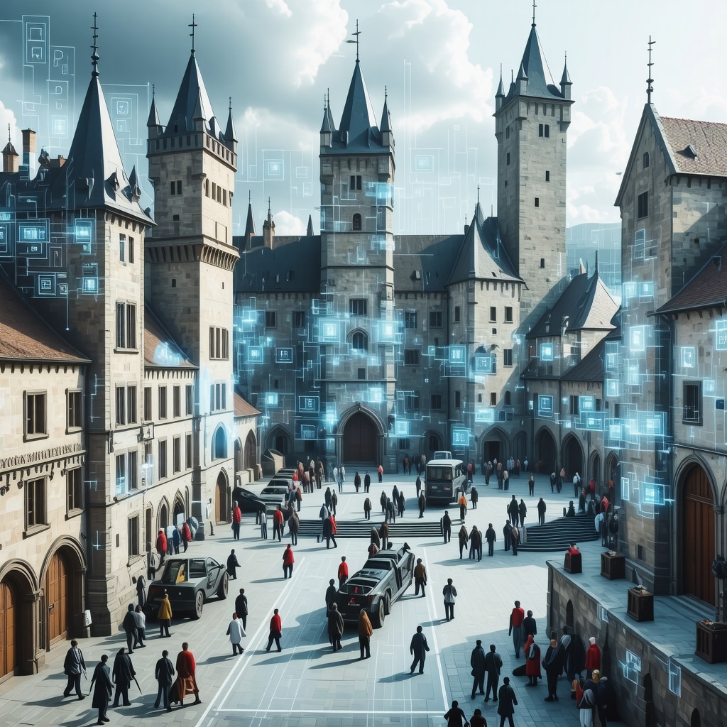 Medieval town of Sighișoara with digital overlays representing 3D scanning and smart visitor management