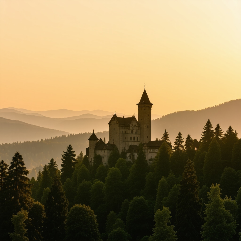 Silhouette of Sinaia Castle during sunset with surrounding forests and mountains