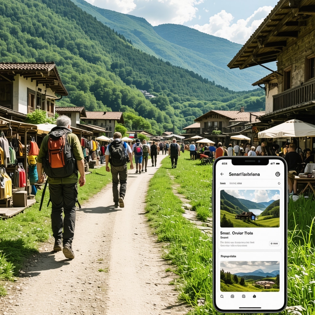 Panoramic view of Sjenica's natural landscape with hikers, traditional crafts market, and a digital tourism guide overlay