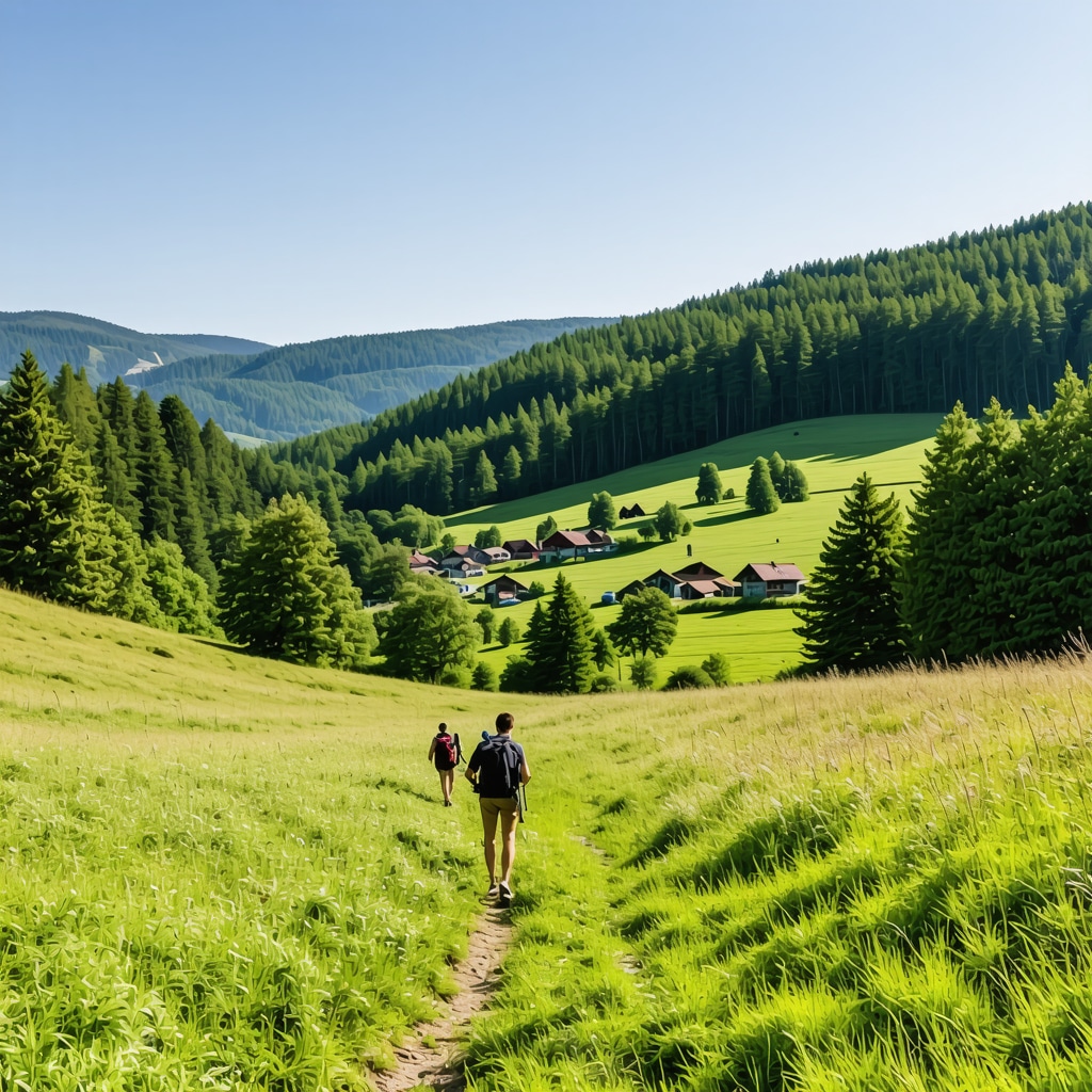 Panoramic view of Sjenica's green meadows, forests, and hikers on trails