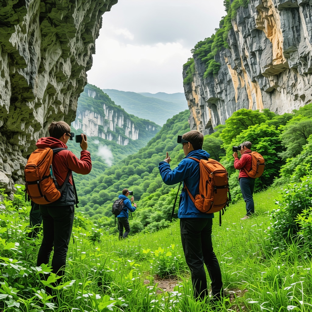 Hikers in Škocjan Caves canyon using augmented reality devices amidst lush greenery