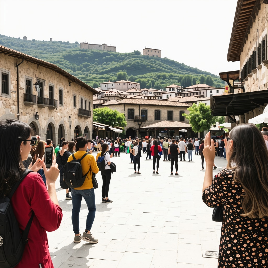 Tourists in Prizren using augmented reality apps to explore historic and natural sites