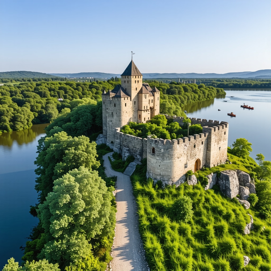 Smederevo Castle overlooking Danube River with hikers and kayakers enjoying nature