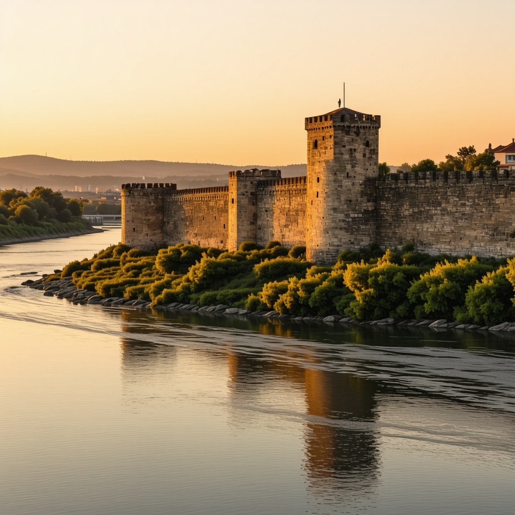 Panoramic view of Smederevo Fortress and Danube River under a golden sunset