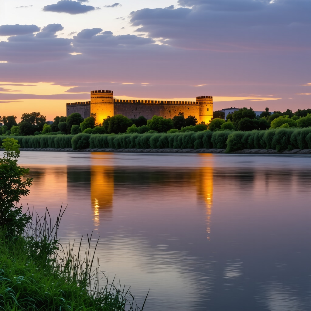 Panoramic view of Smederevo Fortress by Danube River at sunset with graphical technology elements