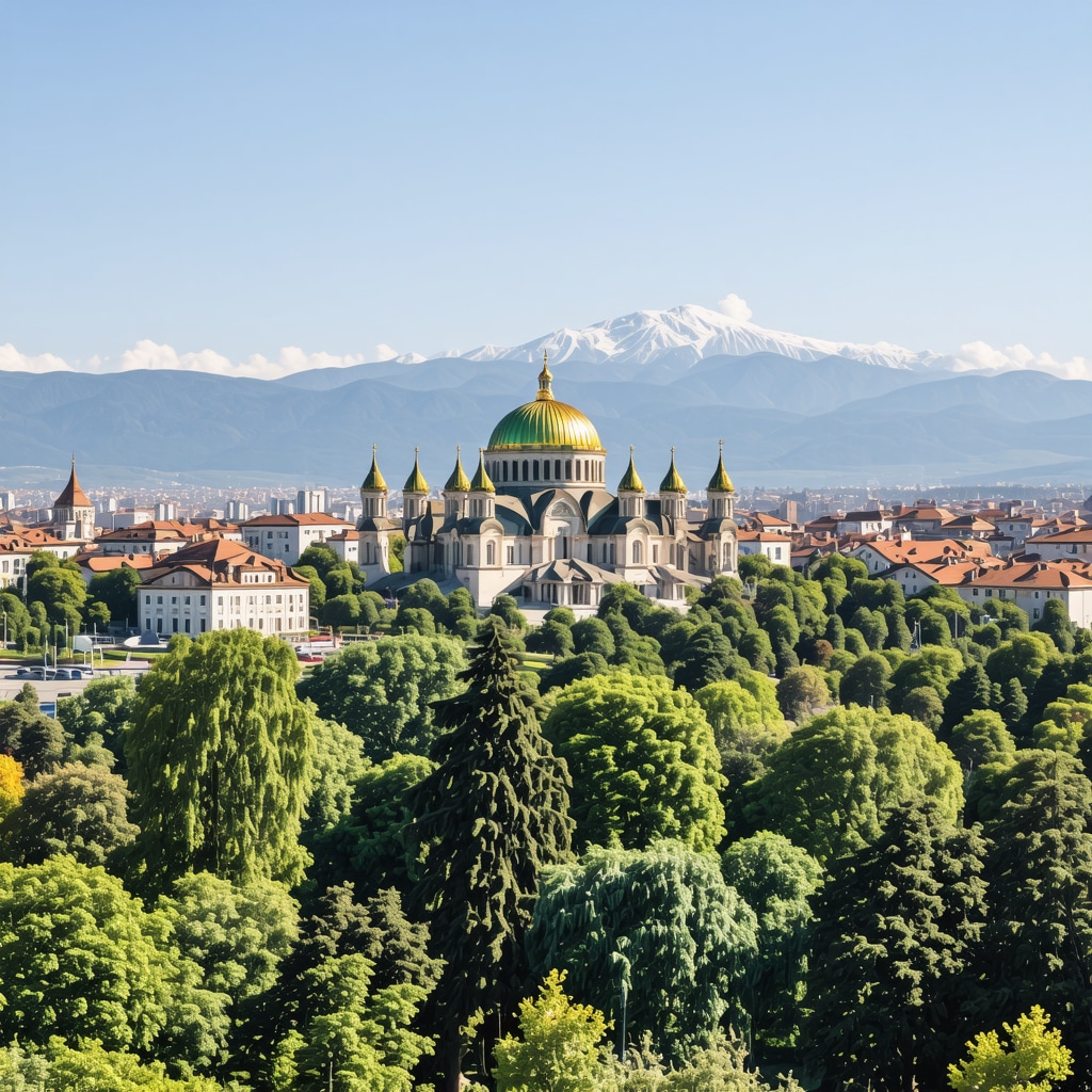 Panoramic view of Sofia city center featuring Alexander Nevsky Cathedral, green spaces, and Vitosha Mountain