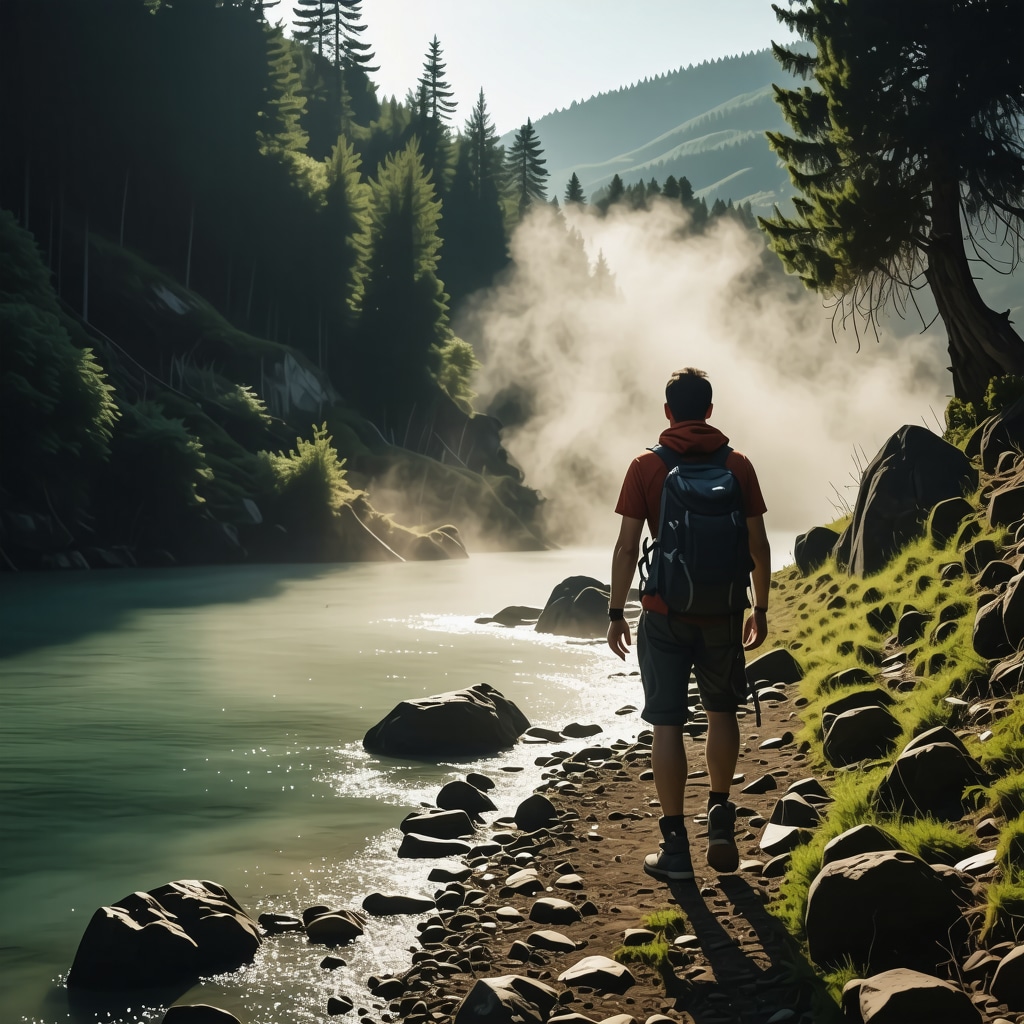 A hiker walking on a lush green forest trail near steaming thermal springs in Sokobanja