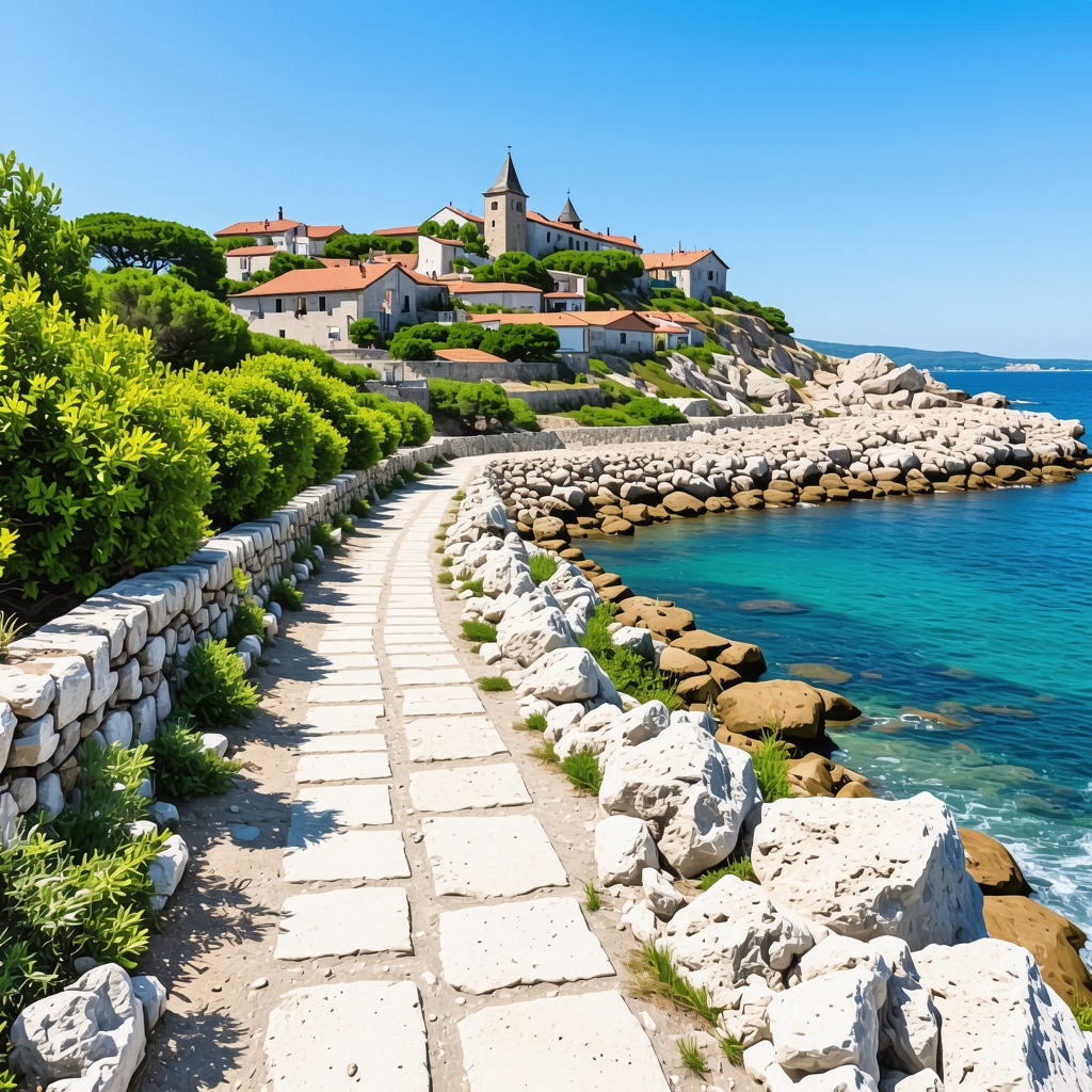 Hiking trail along Sozopol's rocky coast with old town visible in distance on a sunny day