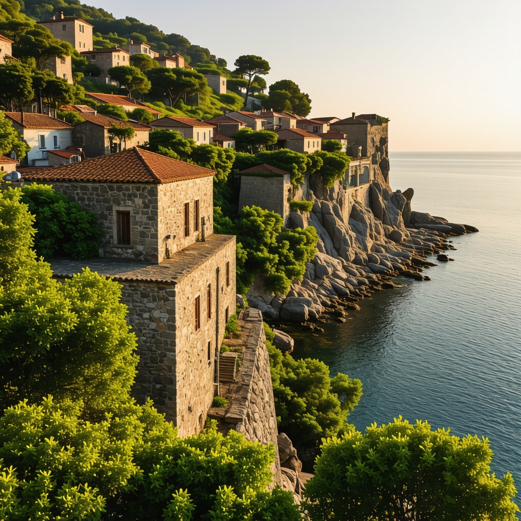 Aerial view of Sozopol's historic old town with stone streets, surrounded by lush greenery and the Black Sea coastline in golden sunlight