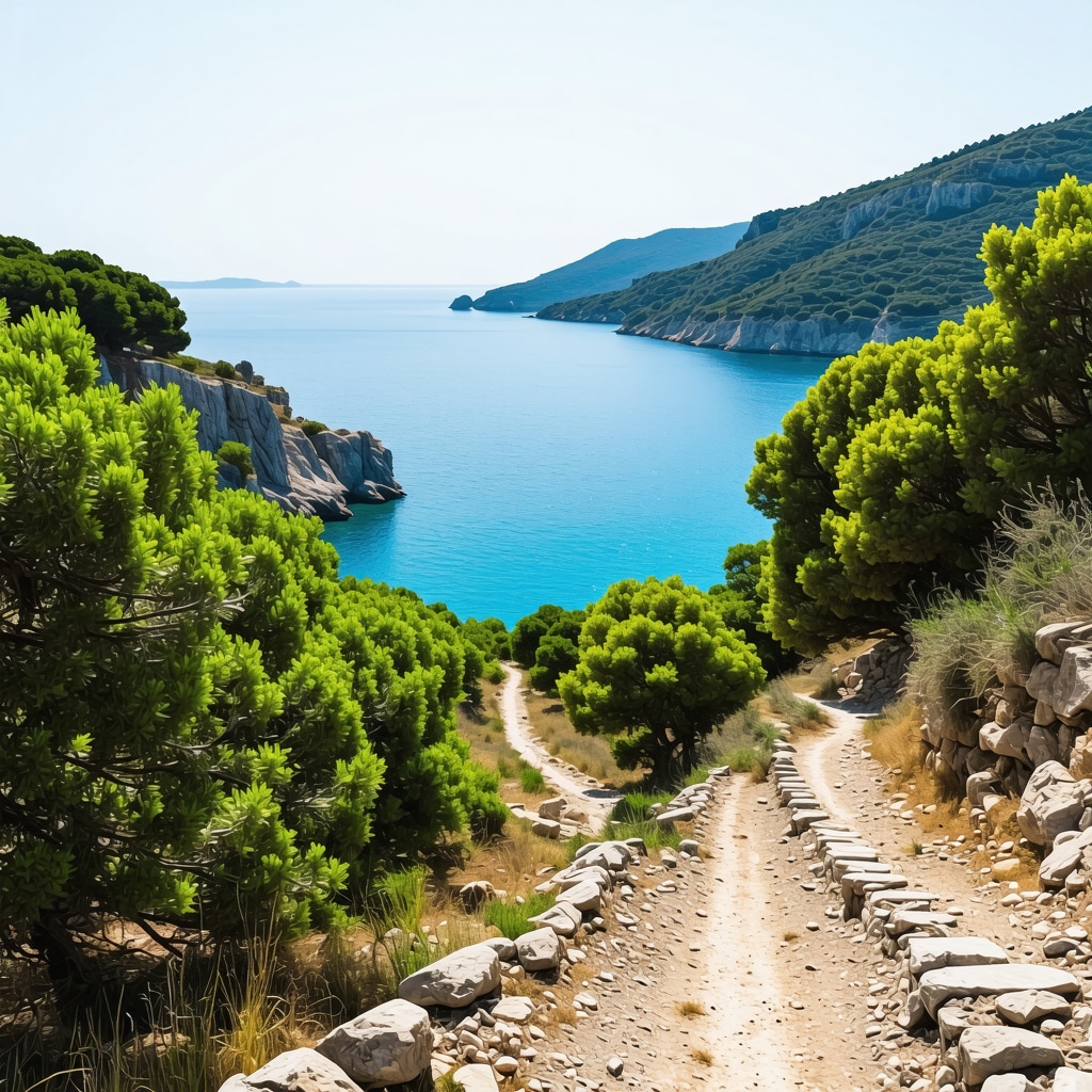 Scenic hiking trail along Split coast showing sea, forests, and ancient ruins