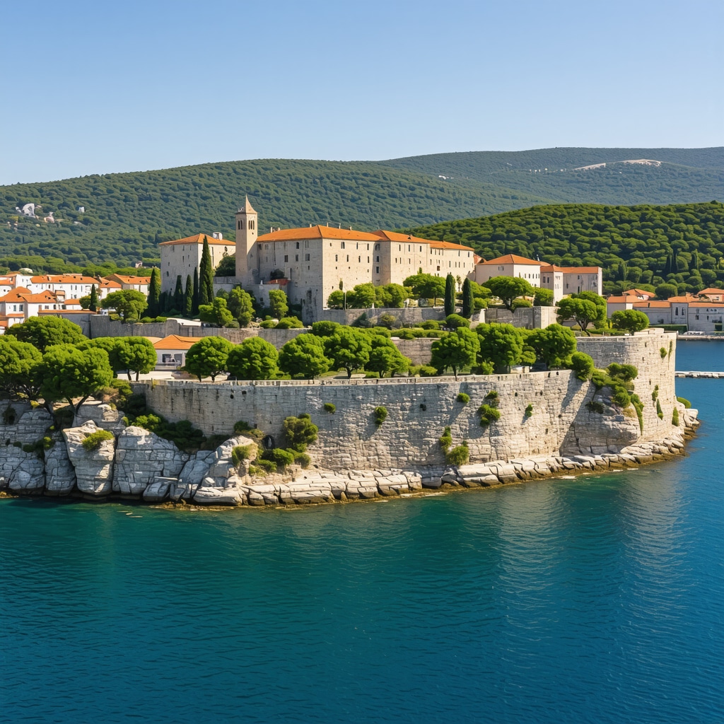 Panoramic view of Split featuring Diocletian's Palace with green landscapes and Adriatic Sea
