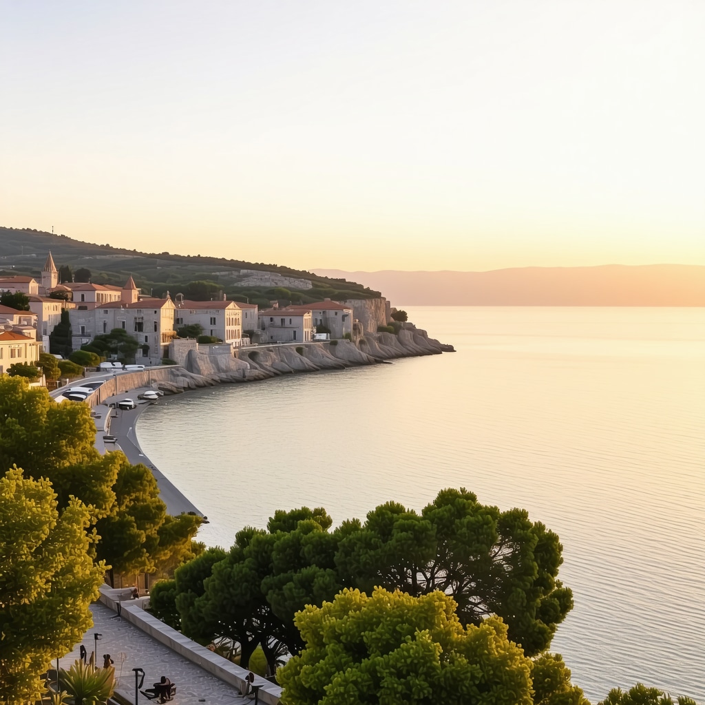 Panoramic view of Split's coastline with ancient Roman structures and Mediterranean greenery at sunset