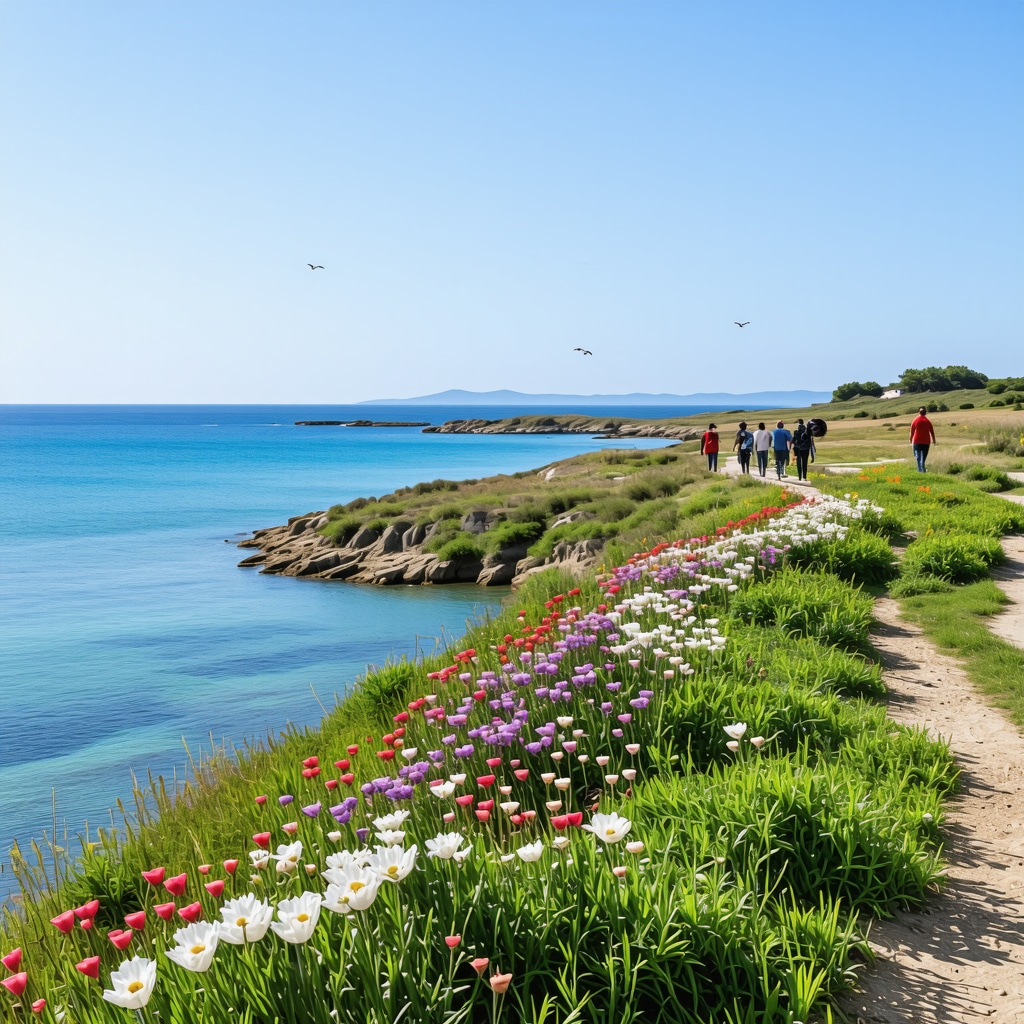 Burgaz coastline in spring showing blooming flowers, migratory birds, and hikers on nature trails
