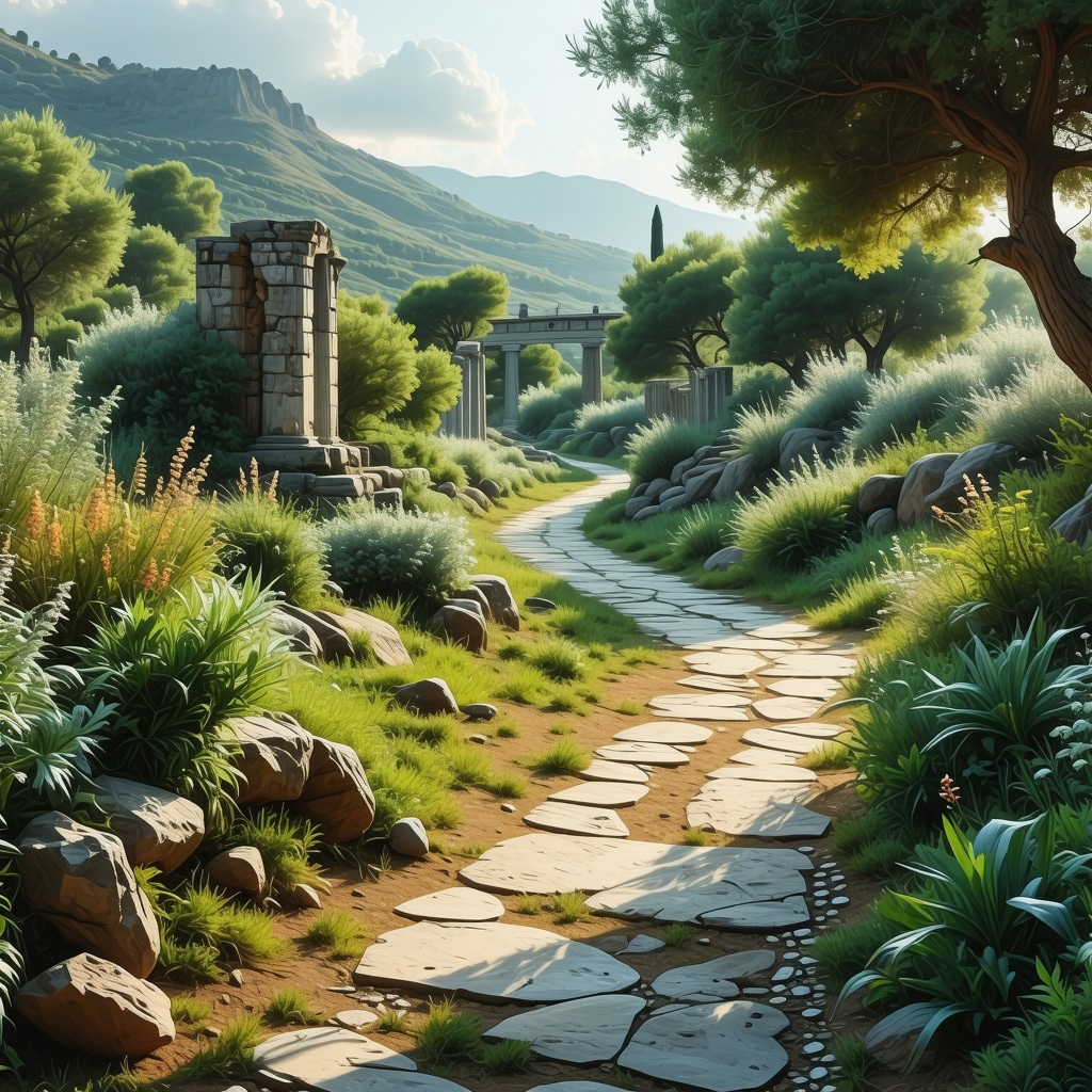 Walking path through Stobi's Roman ruins with lush greenery and birds