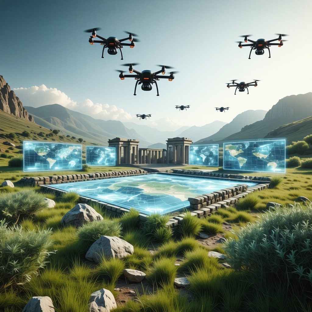 Drones and digital holograms over Stobi ancient ruins with surrounding natural greenery