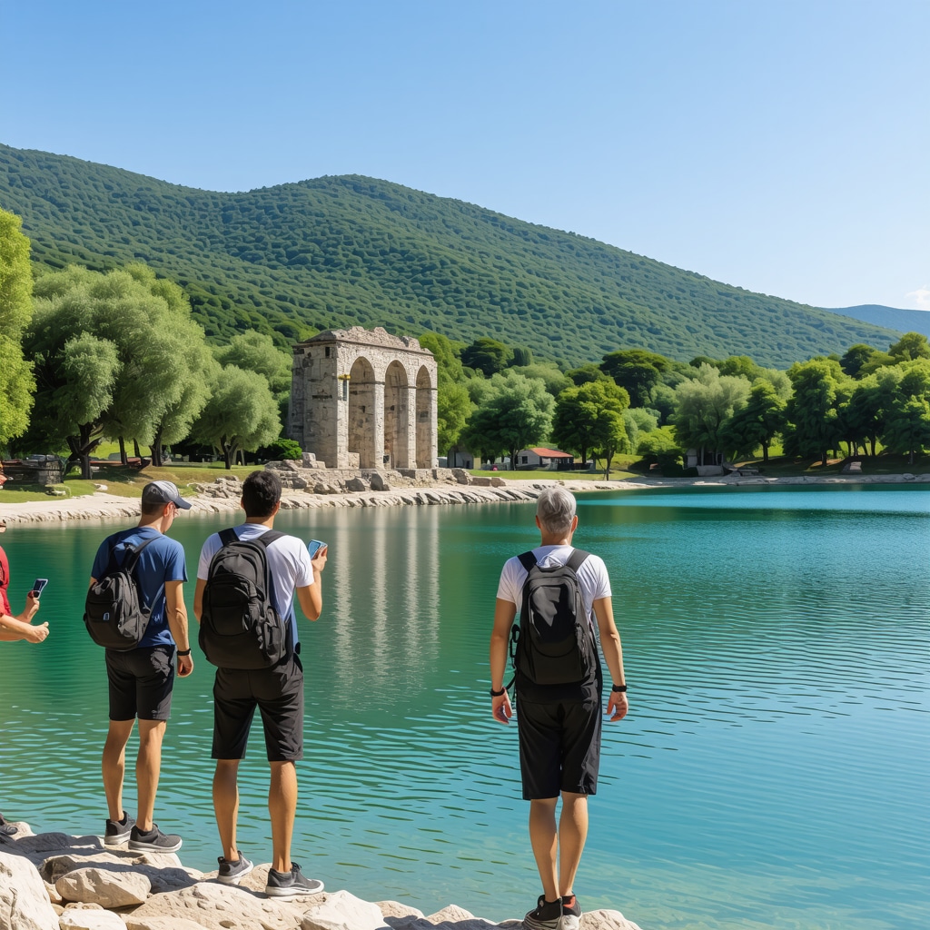 Struga Gölü'nde GPS cihazları kullanan uzman doğa yürüyüşçüleri ve tarihi köy evleri manzarası