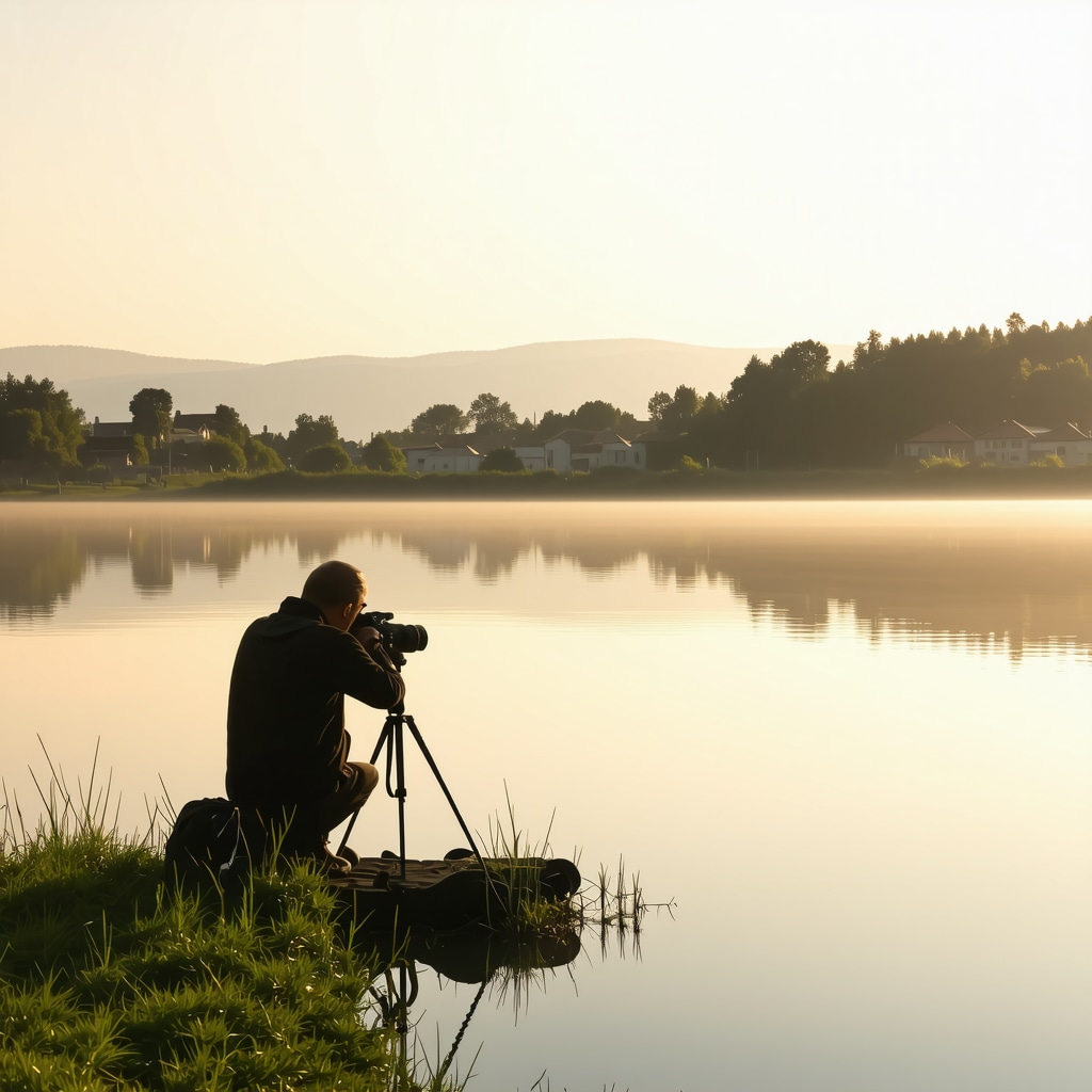 Photographer capturing serene misty morning at Struga lake with historic buildings in background