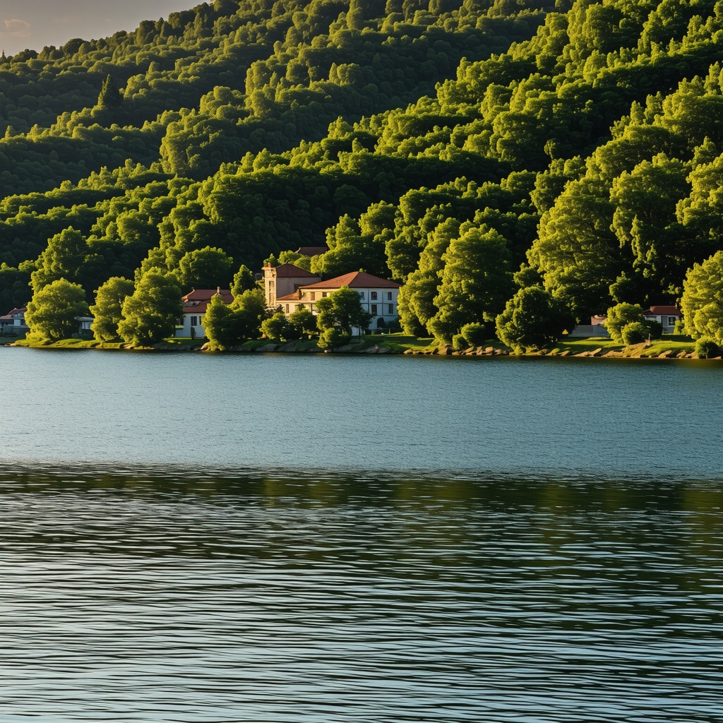 Panoramic view of Struga Lake with forests and historical sites at sunset