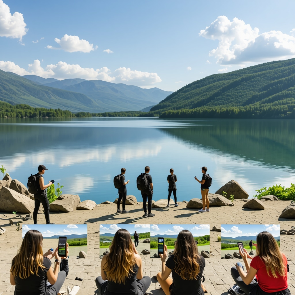 Struga landscape with digital augmented reality guides and eco-tourists using mobile apps for sustainable nature tourism