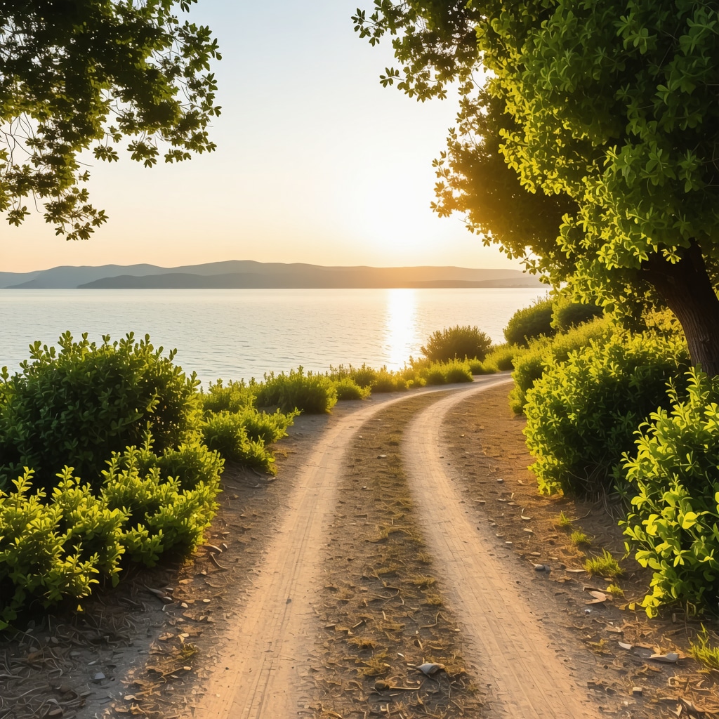 Sunrise over a coastal walking path with greenery and calm sea in Biograd na Moru