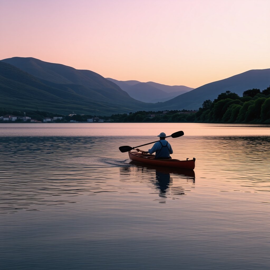 A kayaker paddling on calm waters of Ohrid Lake at sunrise with green mountains in the background