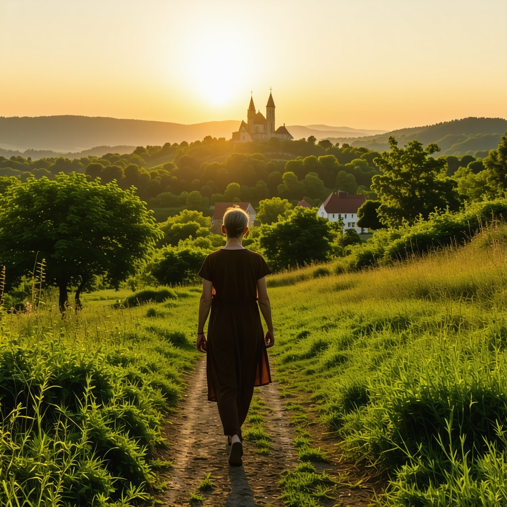 Pilgrim meditating during sunrise on Križevac Hill in Međugorje with green landscape and chapels