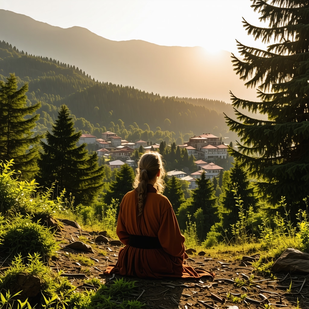 Visitor meditating at sunrise near Rila Monastery with lush green forests and mountain backdrop
