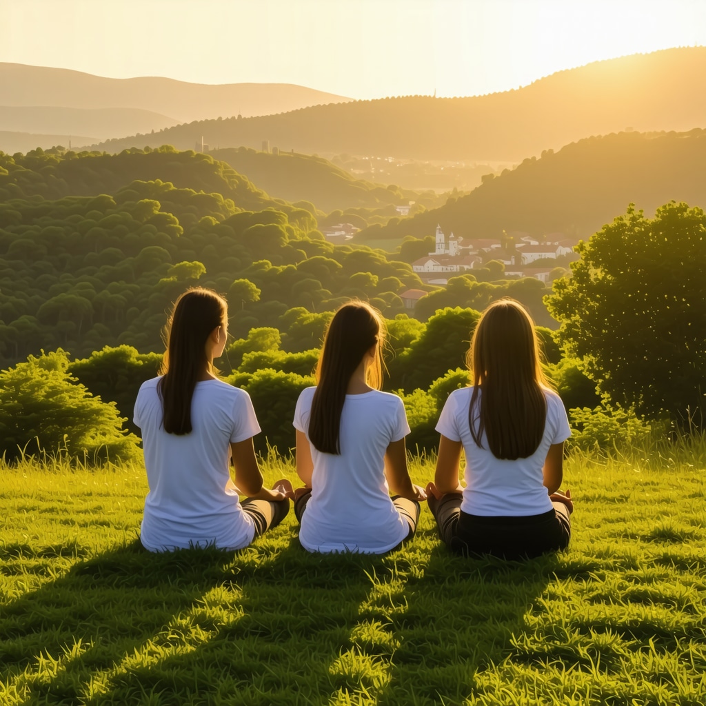 Meditators practicing sunrise meditation on green hills in Međugorje with historic churches in the background