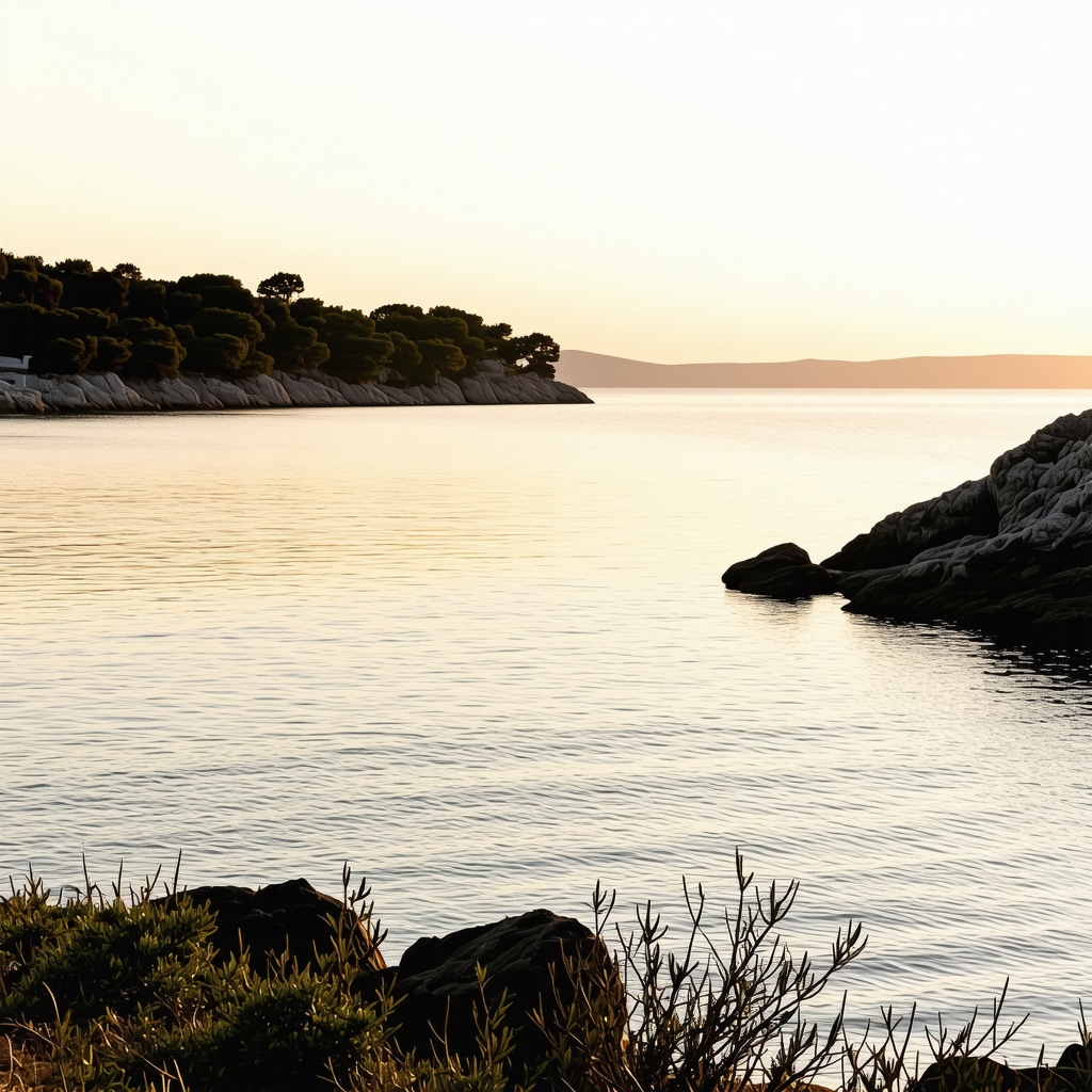 Sunrise reflecting over calm sea and pine trees at Biograd na Moru
