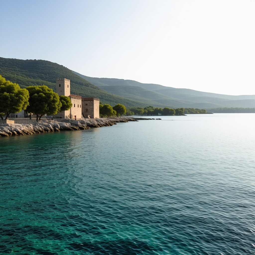 Adriatic sea coastline at sunrise with green hills and historic fortress in Biograd na Moru