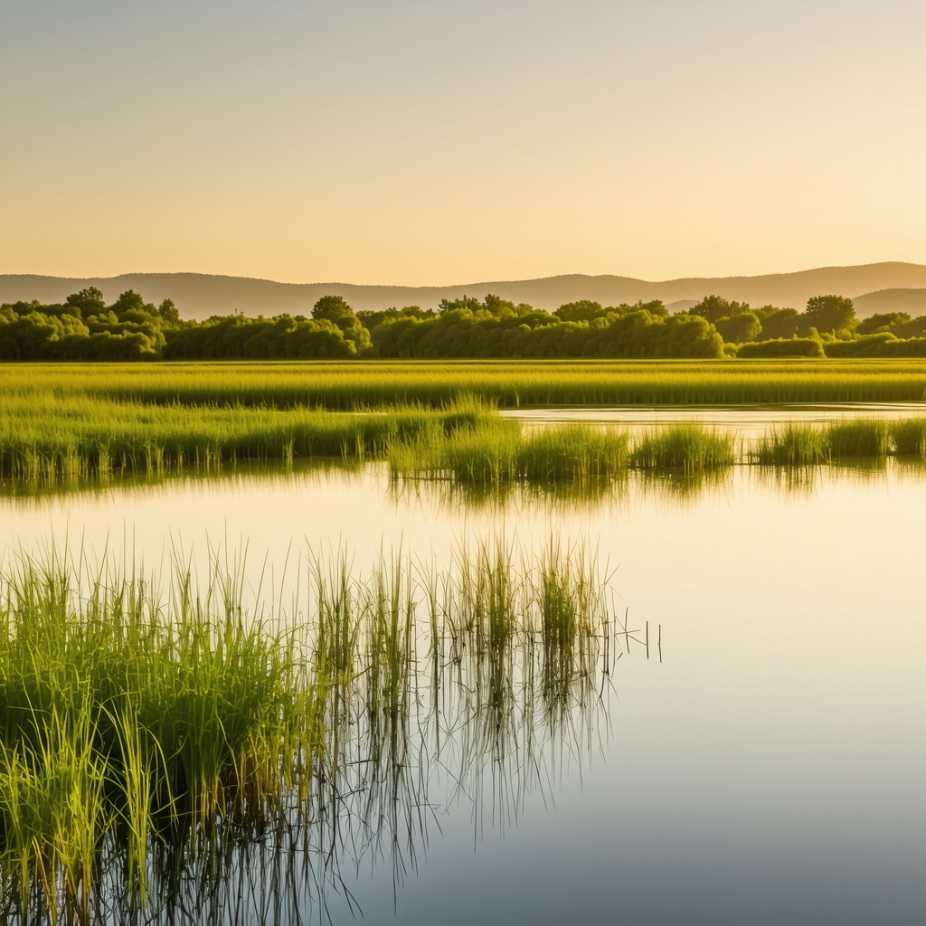 Panoramic sunrise view of Divjakë Doğa Parkı wetlands with diverse birds flying and golden reed beds