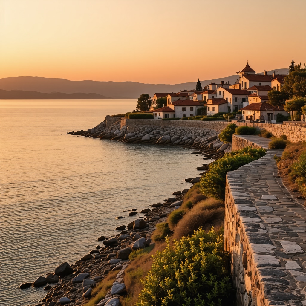 Sunrise in Sozopol showing historic stone streets and calm sea with orange sky