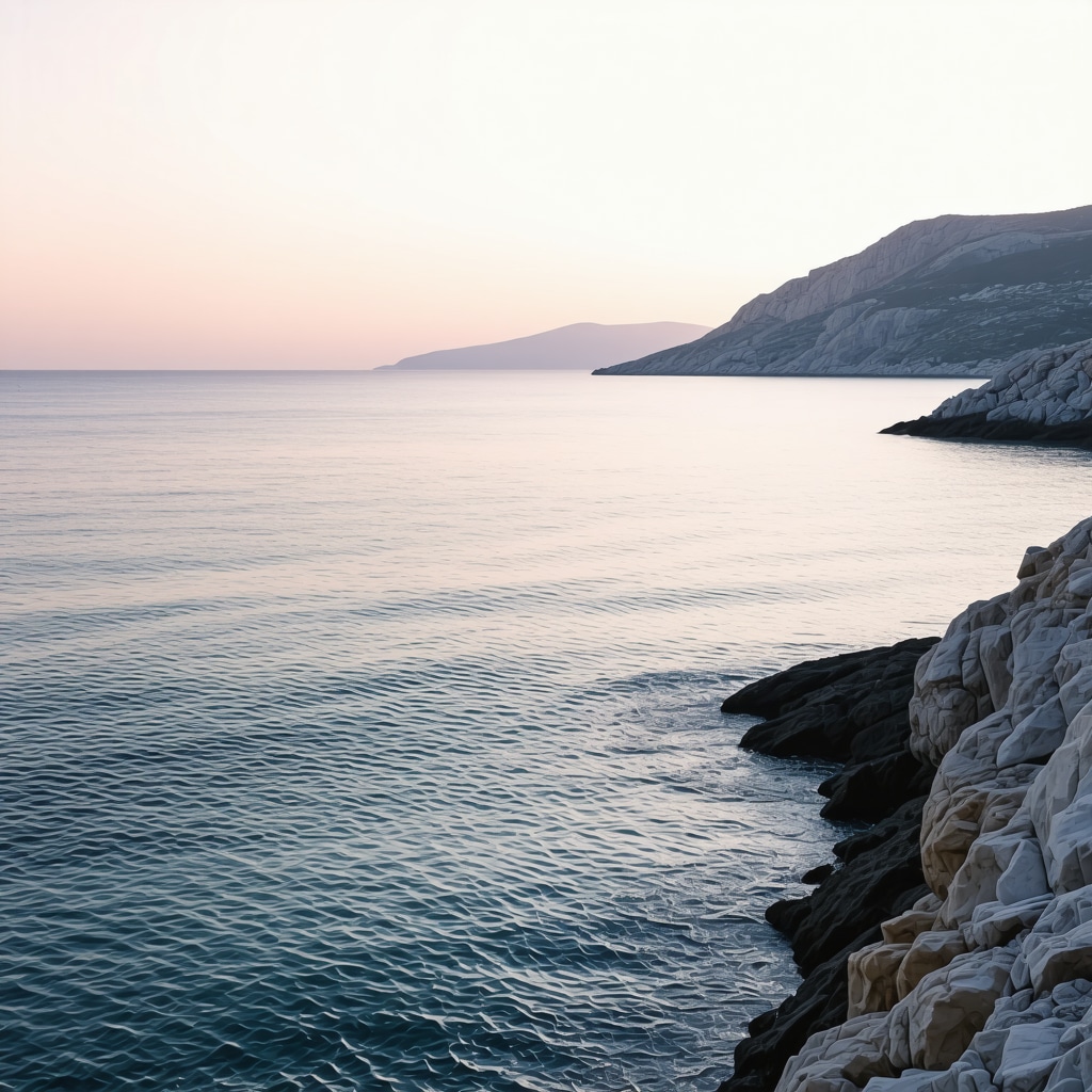 Sunrise view of Pag Island's rocky shore with calm Adriatic Sea and pastel sky