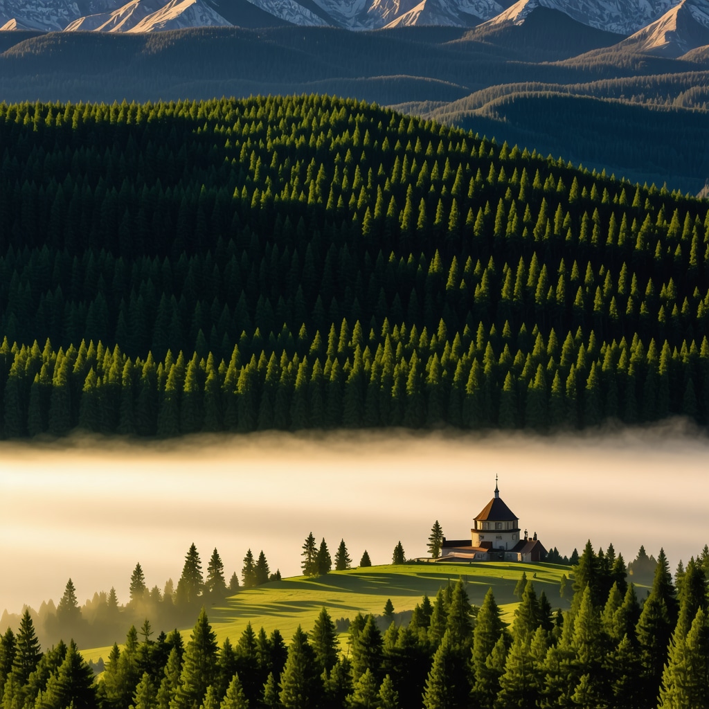 Panoramic sunrise view over misty pine forests and Njegoš Mausoleum from Jezerski vrh in Lovćen National Park