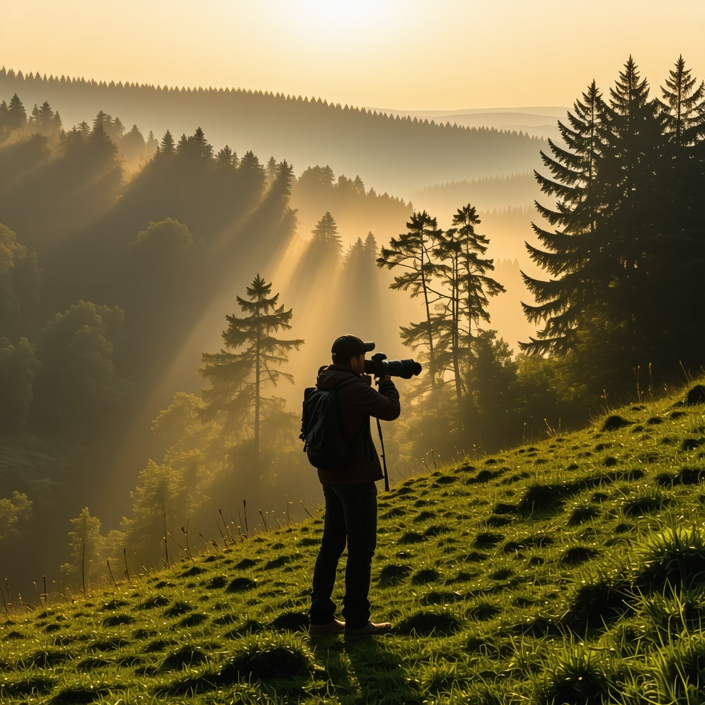 Photographer capturing sunrise with golden light on misty slopes in Krushevo