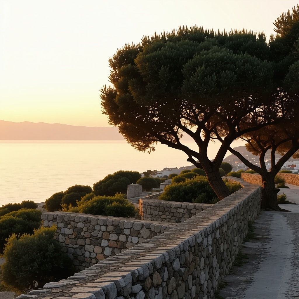 Sunrise over Kavala city walls with sea and olive groves